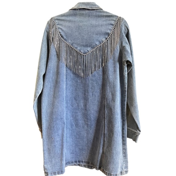 NEW blue b Washed Rhinestone Chevron Fringe Long Sleeve Denim Jean Mini Dress - Picture 4 of 4